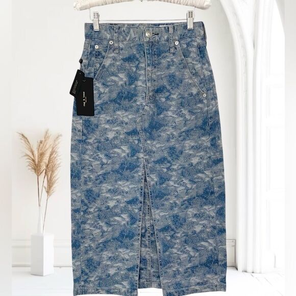 RAG & BONE Skirt Denim NWT Midi SId Jacquard Blue Size 24 XS - Picture 6 of 13